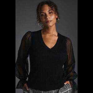 Maeve Black V-Neck Sweater Top with Sheer Puff Sleeves